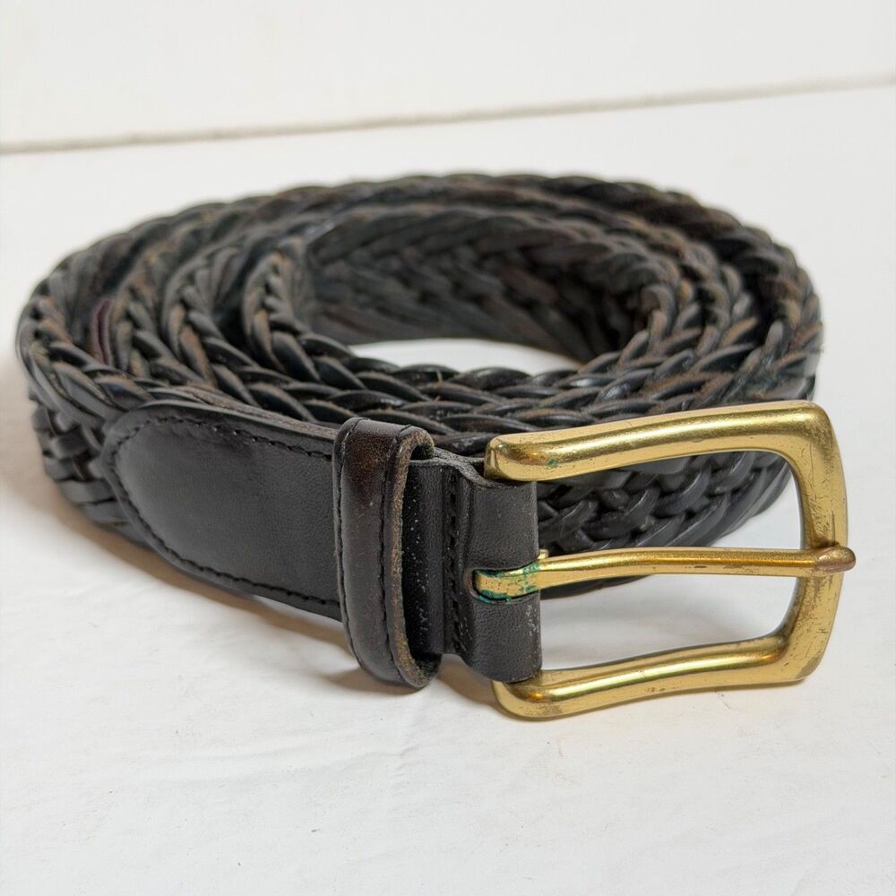 Trafalgar Belt Mens 38 Black Braided Leather Gold Tone Buckle Made in Turkey